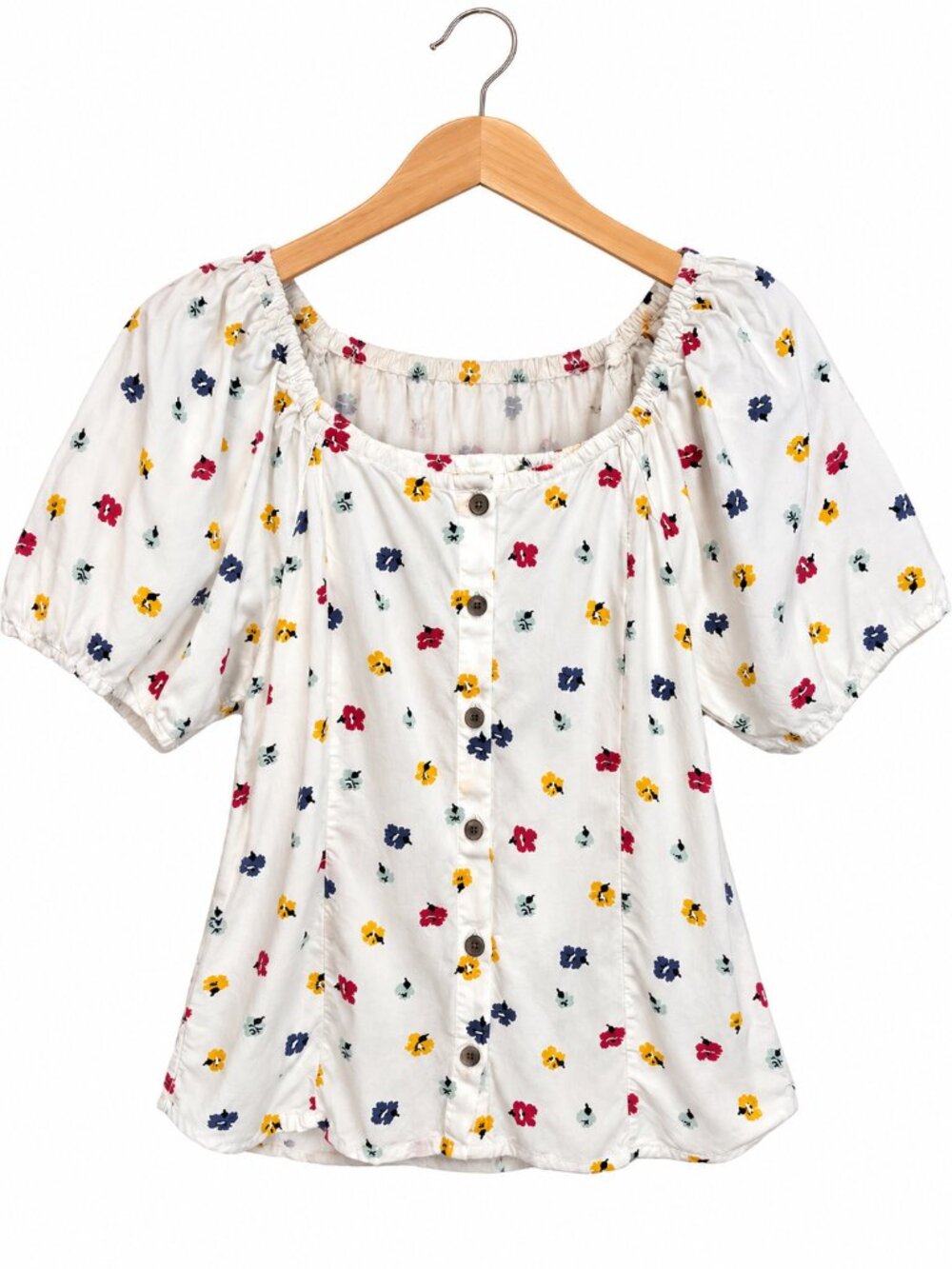 Madewell White Yellow Red Floral Scoop-Neck Button Front Top